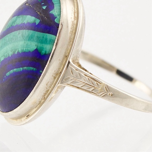 Vintage 14K White Gold Azurite Malachite Ring Size 8 Blue Green Oval Cabochon - Picture 3 of 9